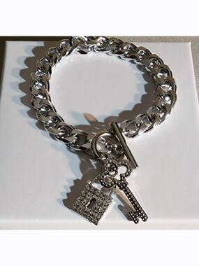 Silver Key & Padlock Charm Chain Bracelet - Women